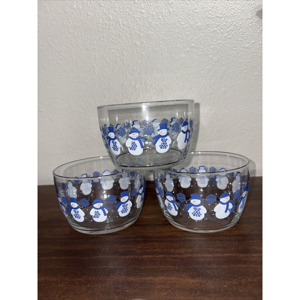 3 Vintage Libbey Snowman Christmas Glass Bowls